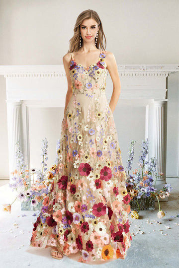 A Line Spaghetti Straps Champagne Long Ball Dress with Appliques